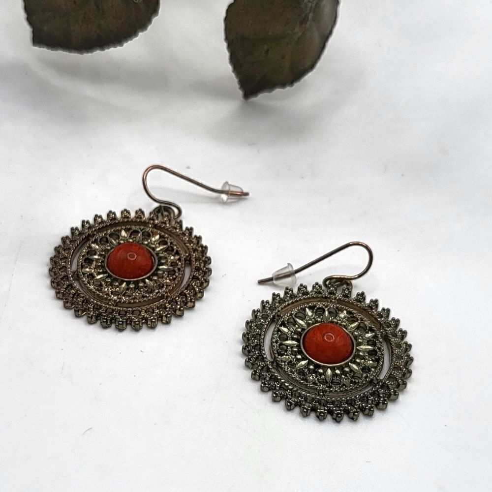 "5/$40" Brasstone Faux Red Coral Boho Disc Dangle Earrings